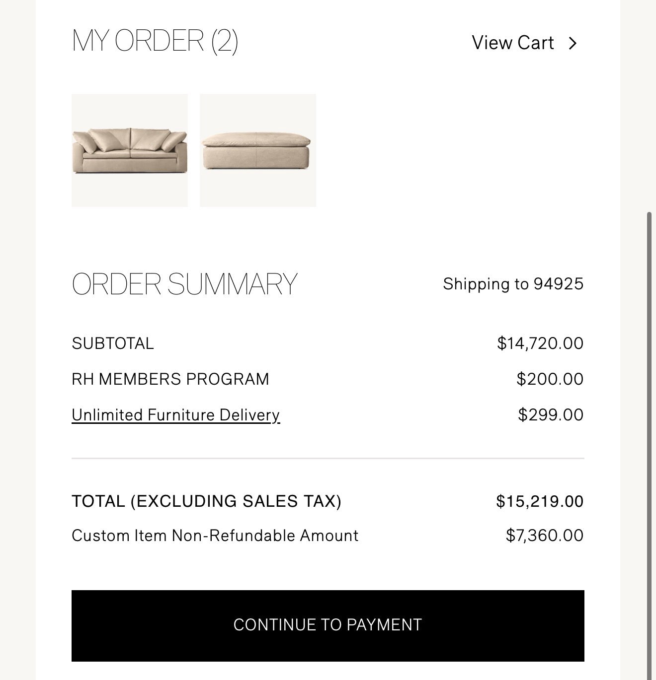 RH Cloud Leather Couch and Ottoman